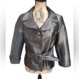 Nicolette Metallic Silver Evening Jacket Rhinestone Belt Formal Blazer 10 Medium